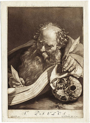 English: The apostle paul reading by candlelig...