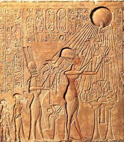 Pharaoh Akhenaten and his family adoring the Aten