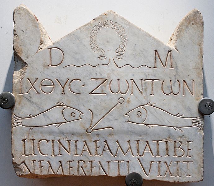 Funerary stele of Licinia Amias, one of the most ancient Christian inscriptions. ΙΧΘΥC ΖΩΝΤΩΝ Ikhthus zōntōn fish of the living