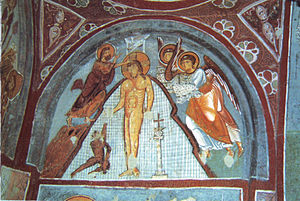 Baptism of Christ. Fresco in Cappadocia