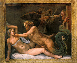 Zeus seduces Olympias. Fresco by Giulio Romano...
