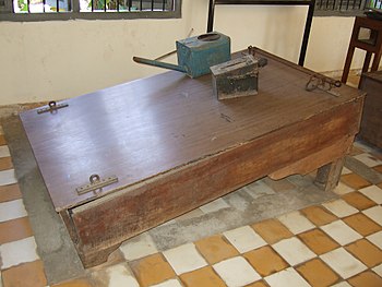 Waterboard displayed at Tuol Sleng Genocide Mu...