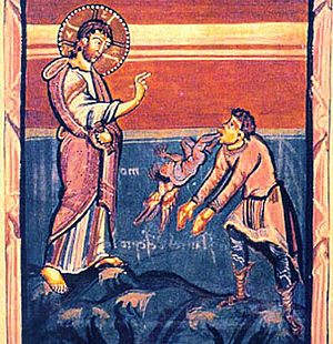 Medieval book illustration of Christ Exorcisin...